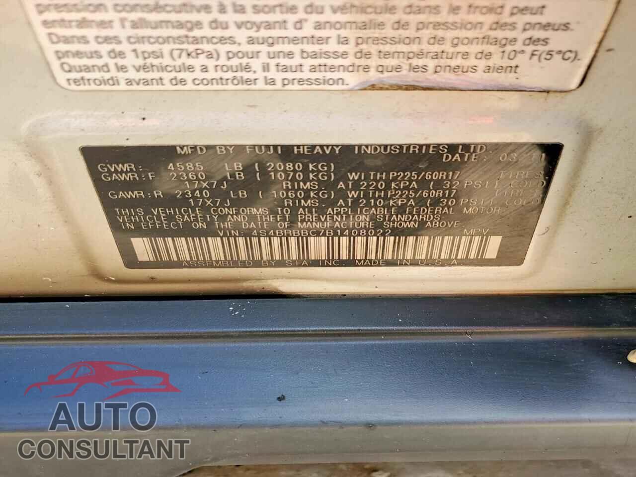 SUBARU OUTBACK 2011 - 4S4BRBBC7B1408022