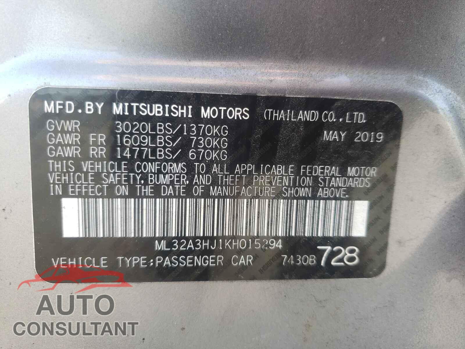 MITSUBISHI MIRAGE 2019 - ML32A3HJ1KH015294