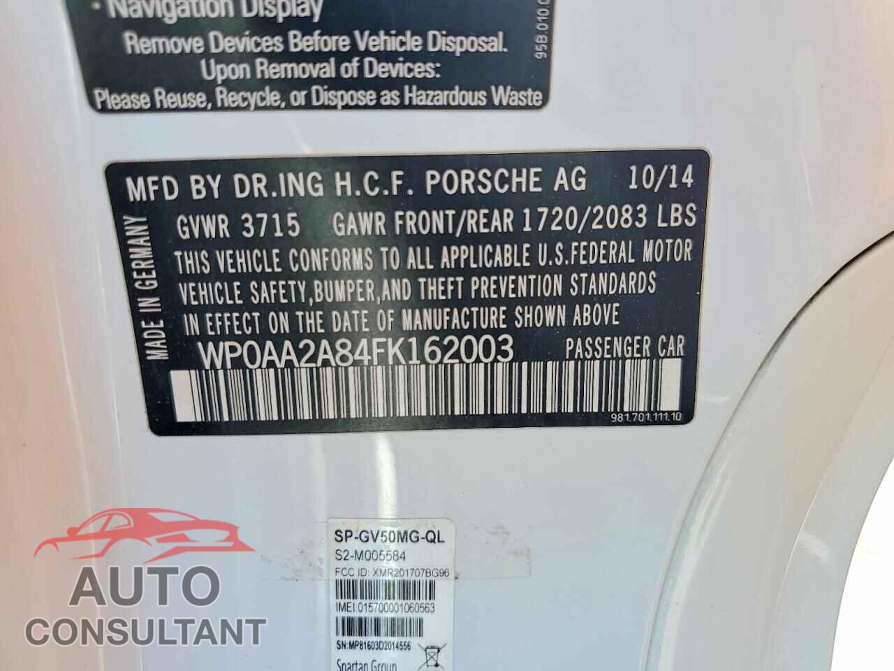 PORSCHE CAYMAN 2015 - WP0AA2A84FK162003