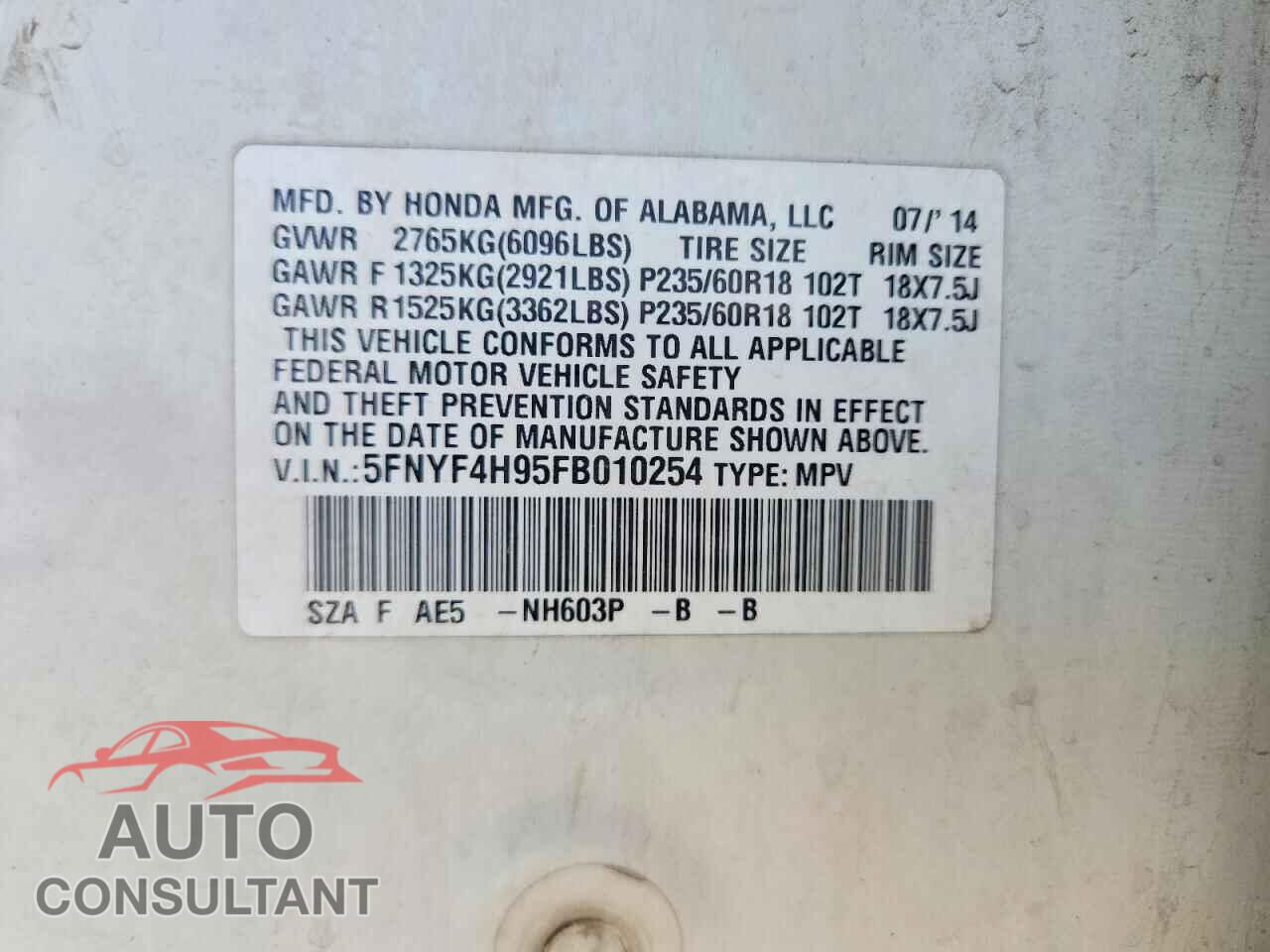 HONDA PILOT 2015 - 5FNYF4H95FB010254
