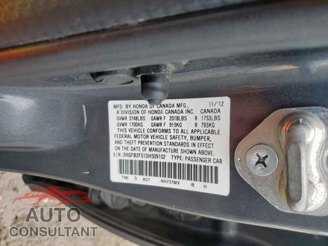 HONDA CIVIC 2013 - 2HGFB2F51DH509102