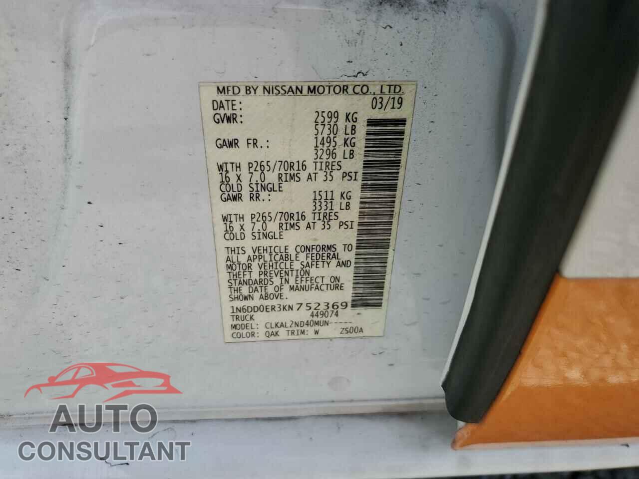 NISSAN FRONTIER 2019 - 1N6DD0ER3KN752369