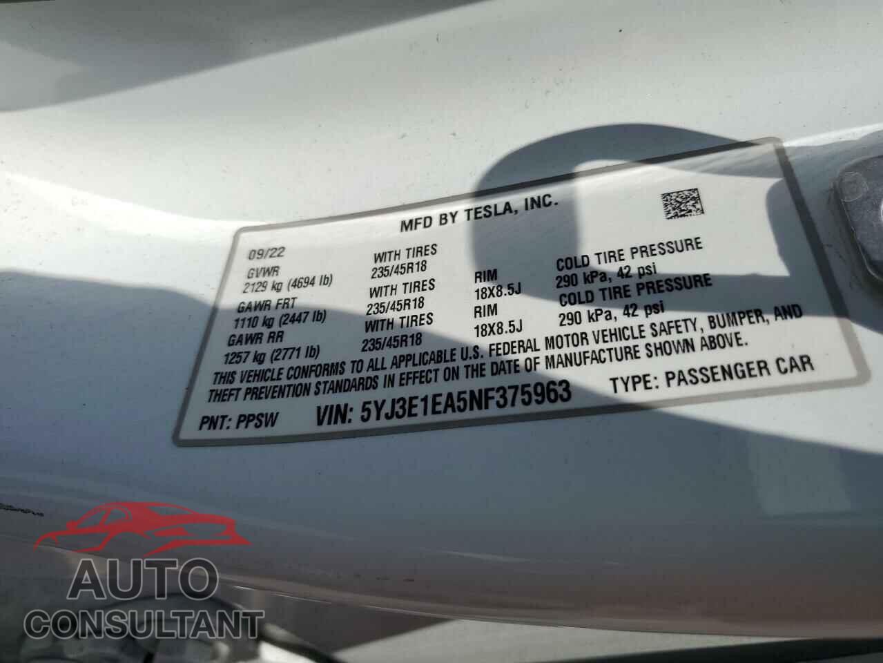 TESLA MODEL 3 2022 - 5YJ3E1EA5NF375963