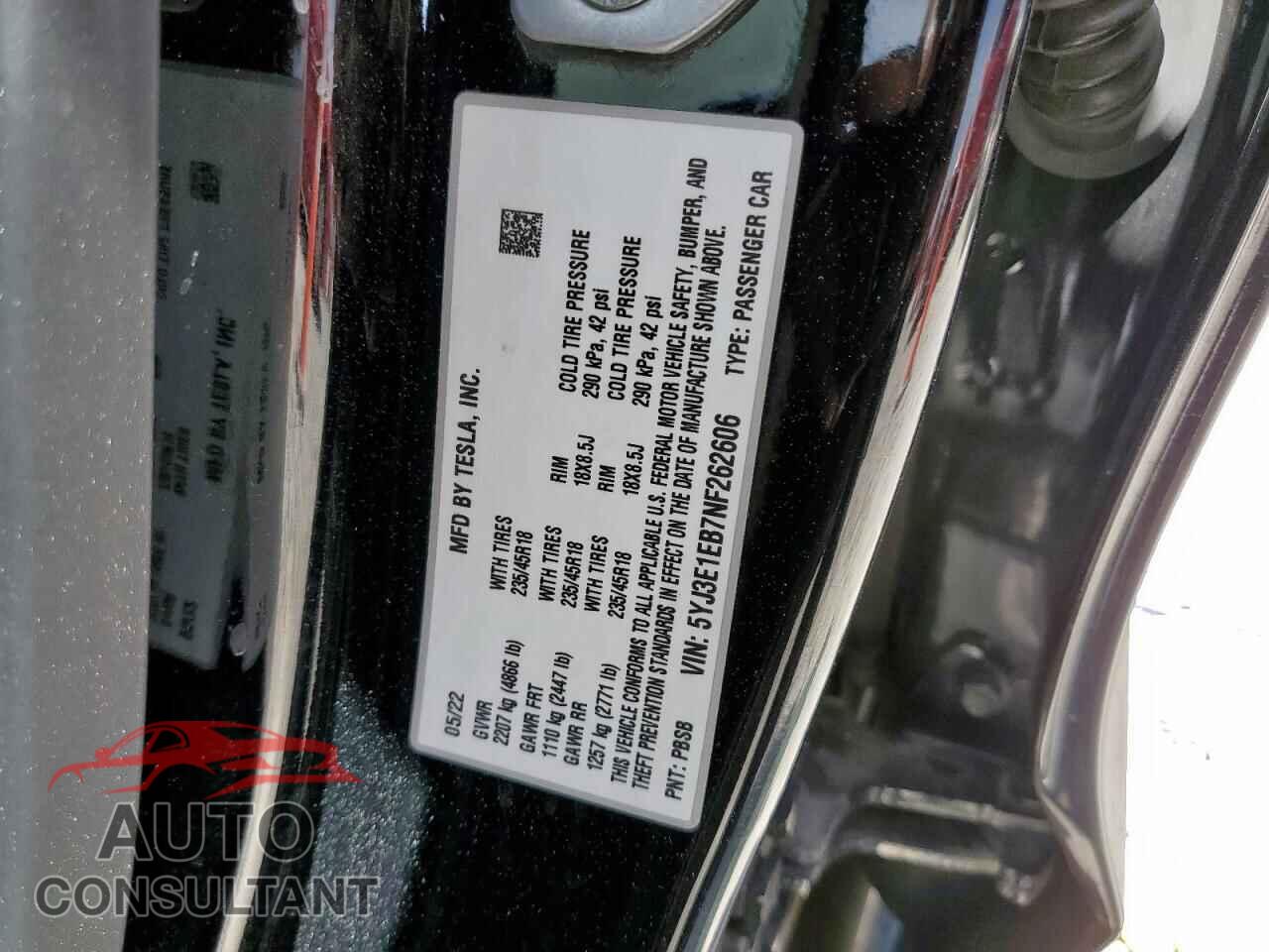TESLA MODEL 3 2022 - 5YJ3E1EB7NF262606