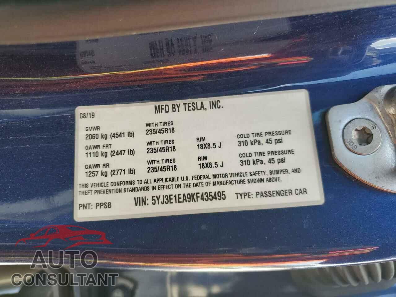 TESLA MODEL 3 2019 - 5YJ3E1EA9KF435495