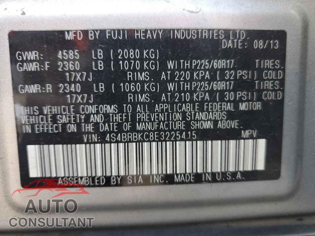 SUBARU OUTBACK 2014 - 4S4BRBKC8E3225415