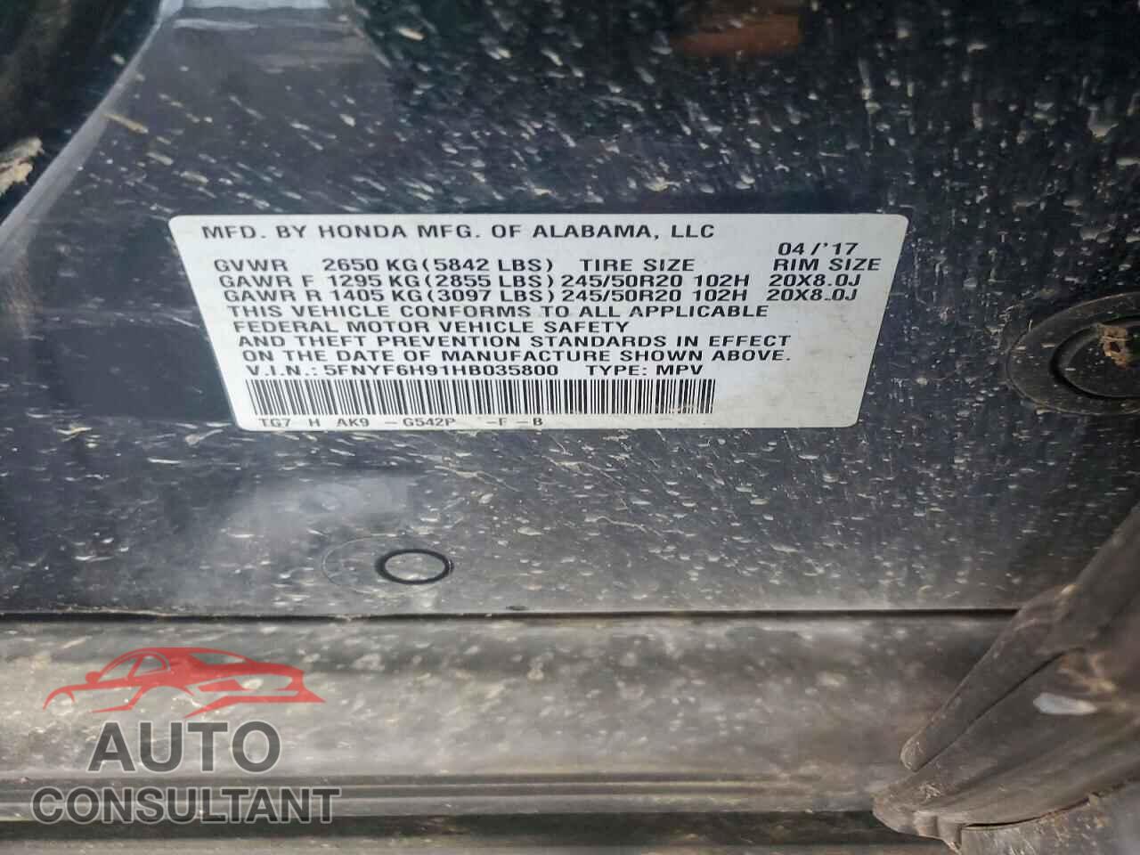 HONDA PILOT 2017 - 5FNYF6H91HB035800