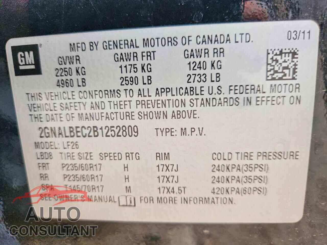 CHEVROLET EQUINOX 2011 - 2GNALBEC2B1252809