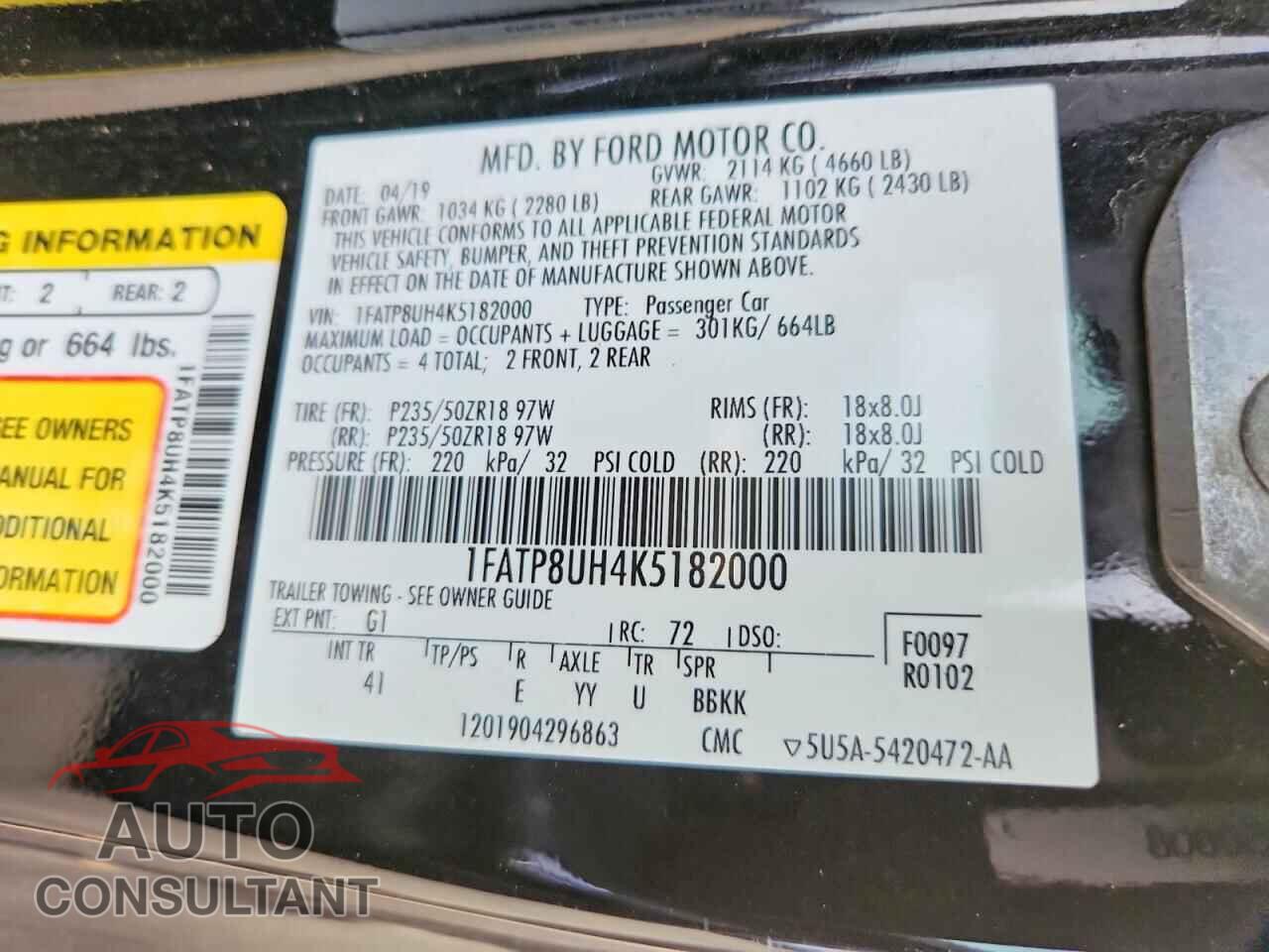 FORD MUSTANG 2019 - 1FATP8UH4K5182000