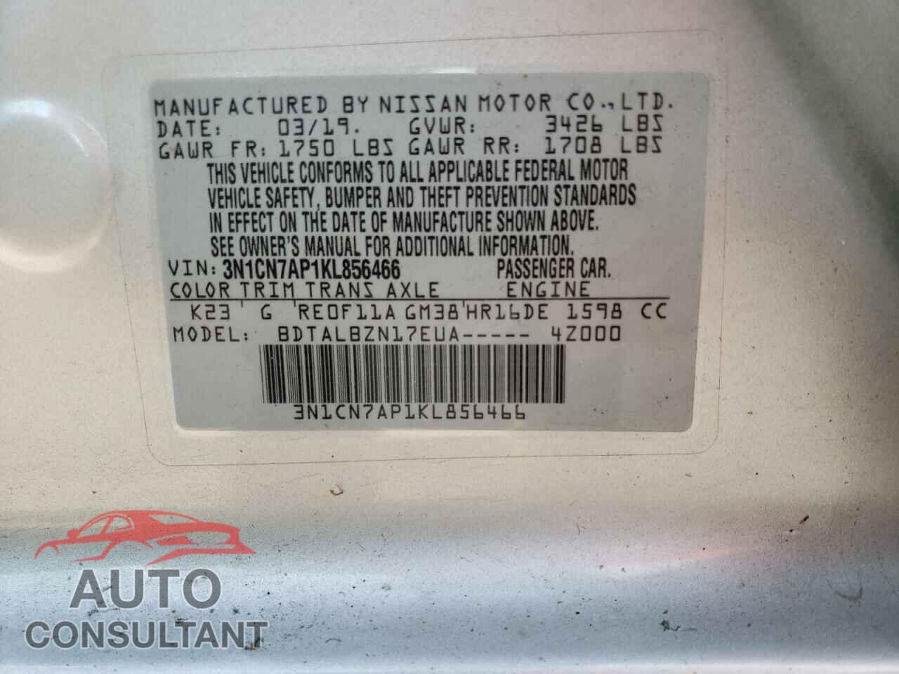 NISSAN VERSA 2019 - 3N1CN7AP1KL856466