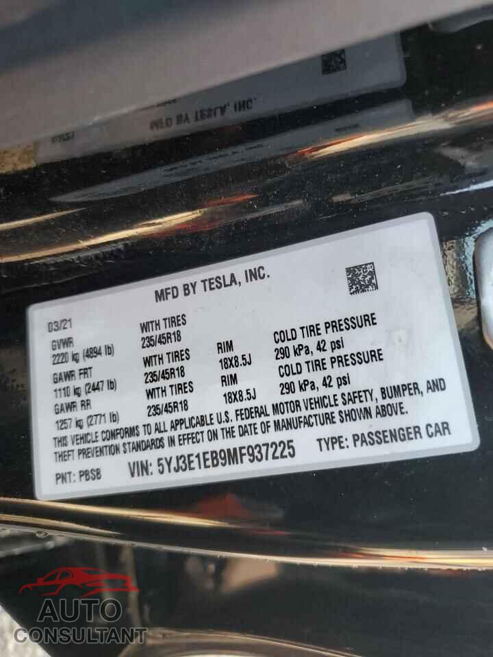 TESLA MODEL 3 2021 - 5YJ3E1EB9MF937225