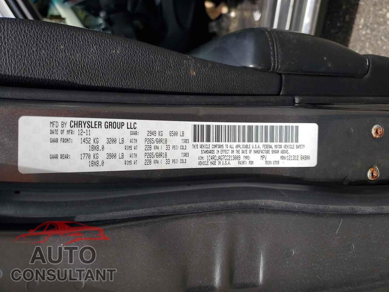 DODGE DURANGO 2012 - 1C4RDJAG7CC213009