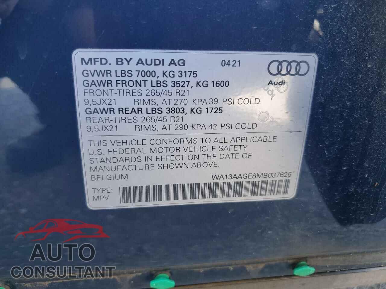 AUDI E-TRON 2021 - WA13AAGE8MB037626