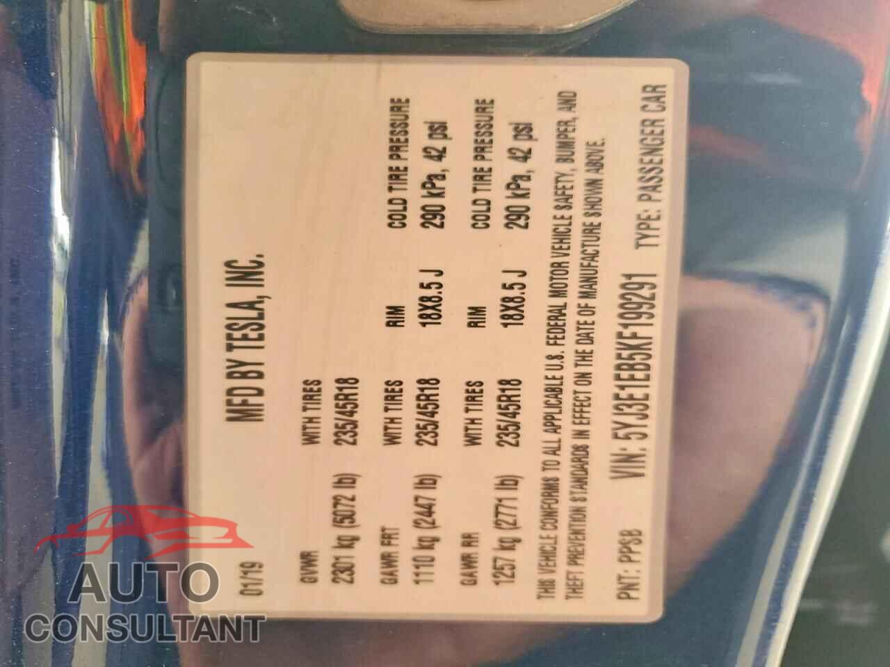 TESLA MODEL 3 2019 - 5YJ3E1EB5KF199291