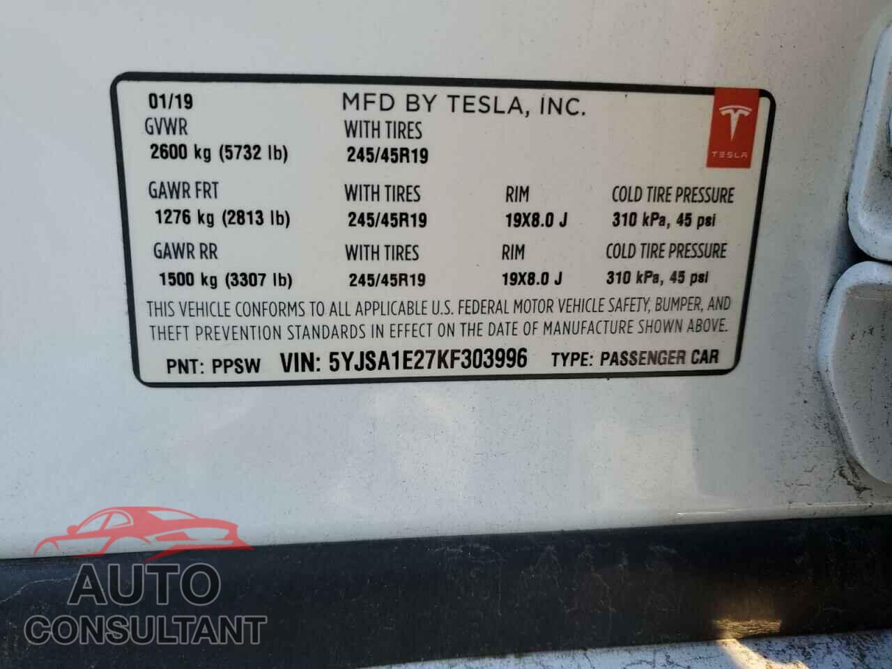 TESLA MODEL S 2019 - 5YJSA1E27KF303996