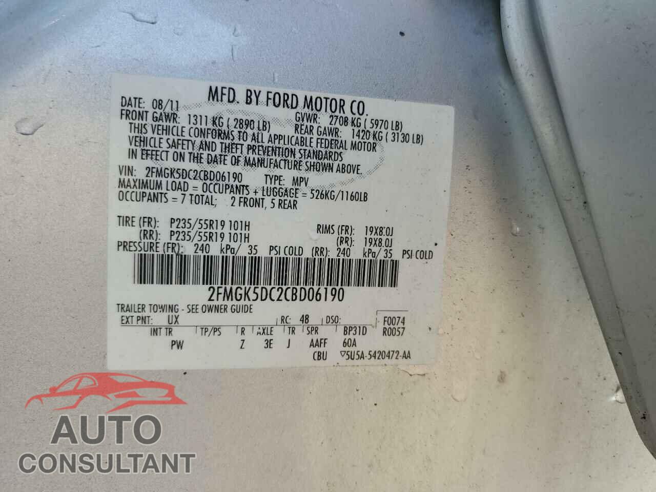 FORD FLEX 2012 - 2FMGK5DC2CBD06190