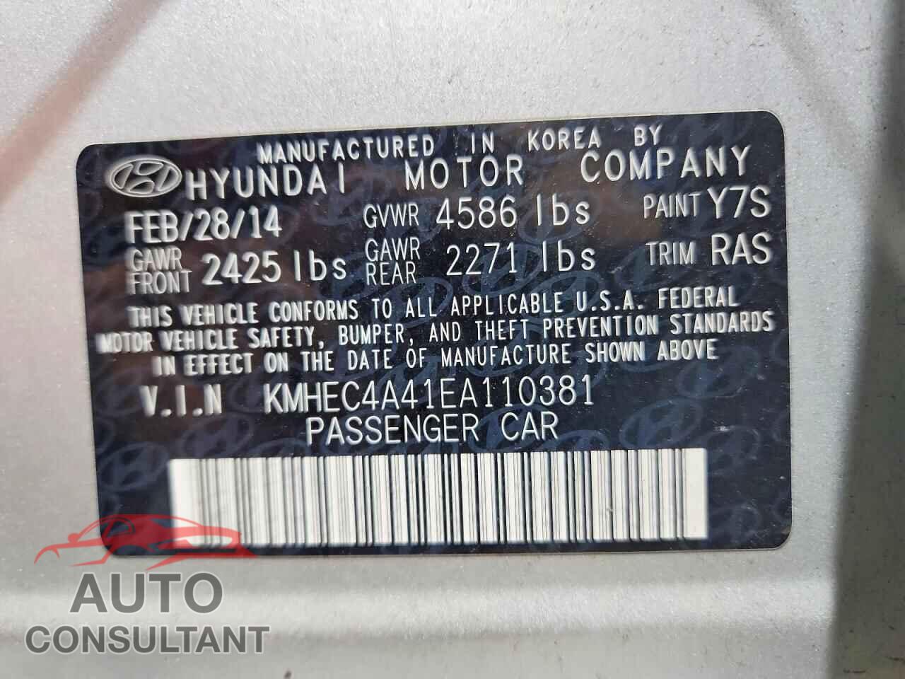 HYUNDAI SONATA 2014 - KMHEC4A41EA110381