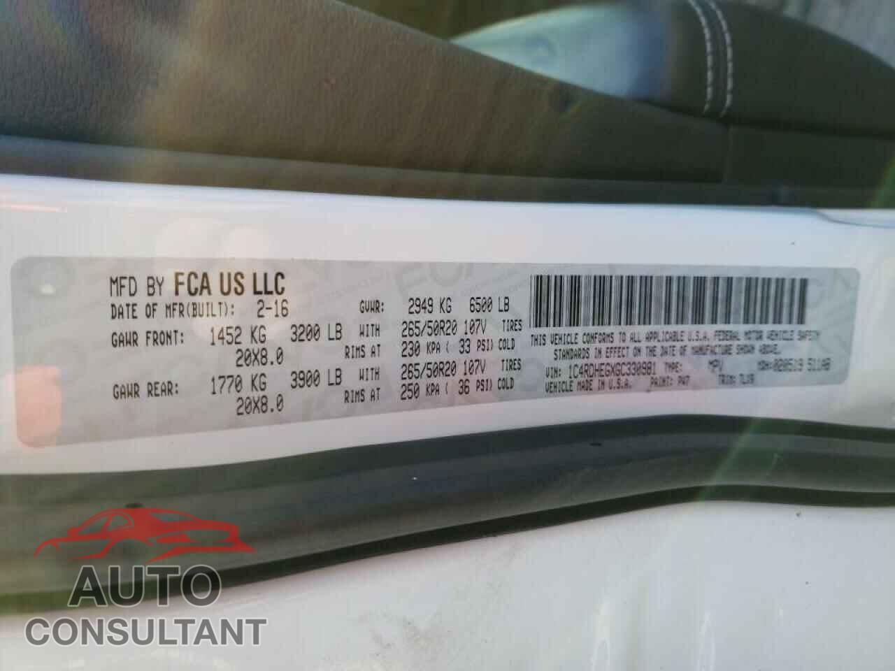 DODGE DURANGO 2016 - 1C4RDHEGXGC330981