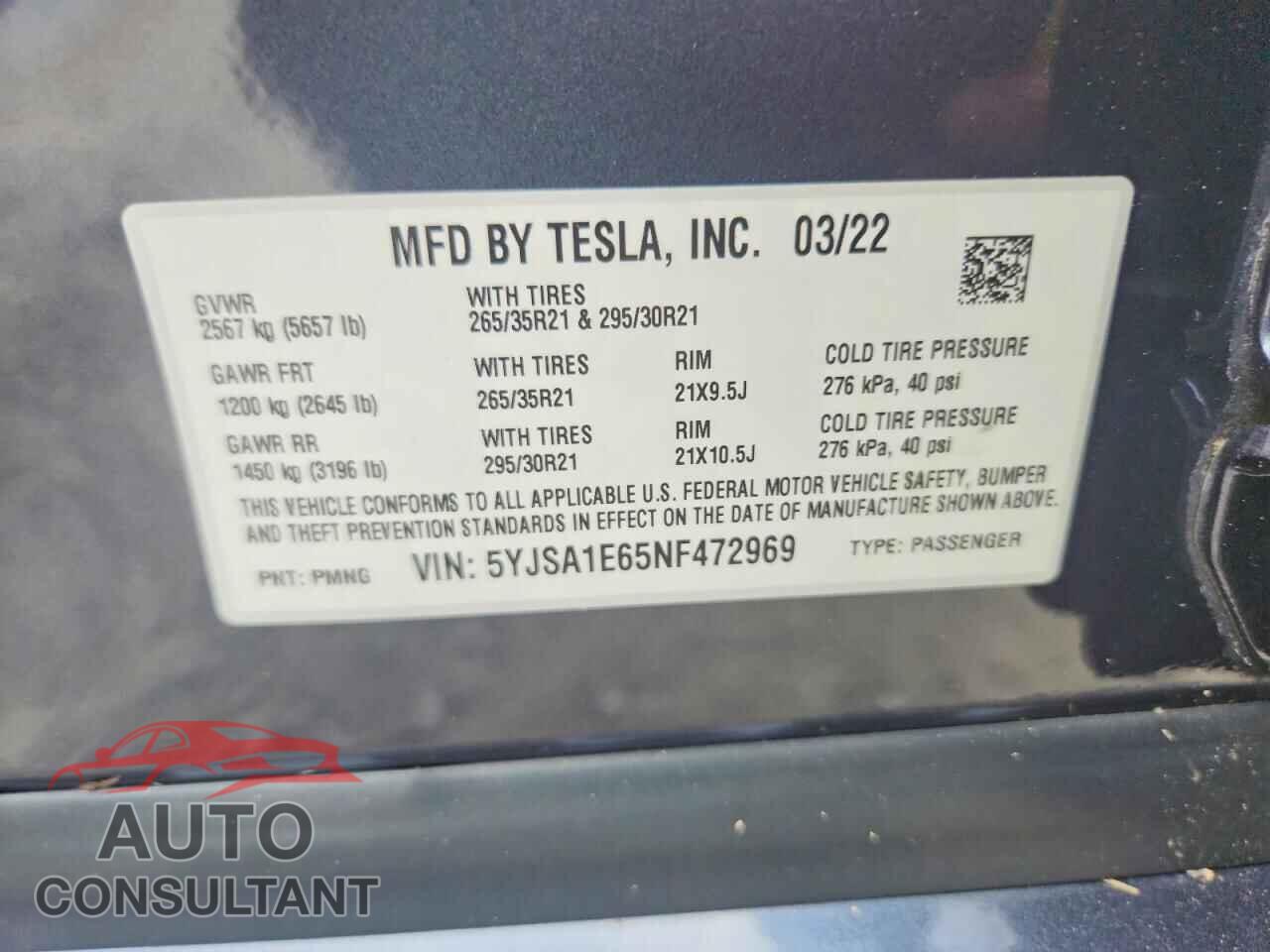 TESLA MODEL S 2022 - 5YJSA1E65NF472969