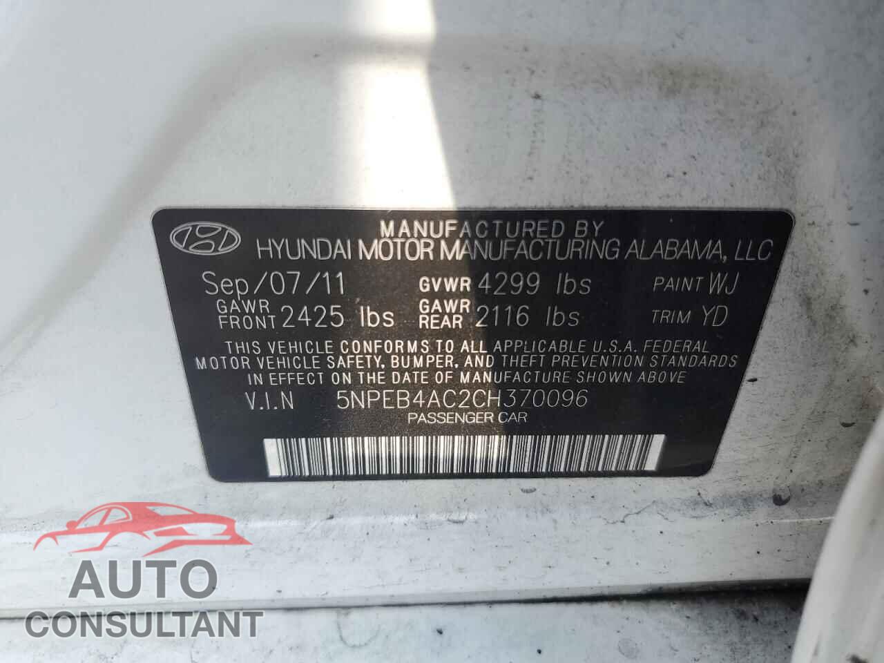 HYUNDAI SONATA 2012 - 5NPEB4AC2CH370096