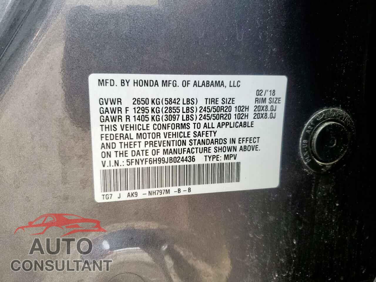 HONDA PILOT 2018 - 5FNYF6H99JB024436