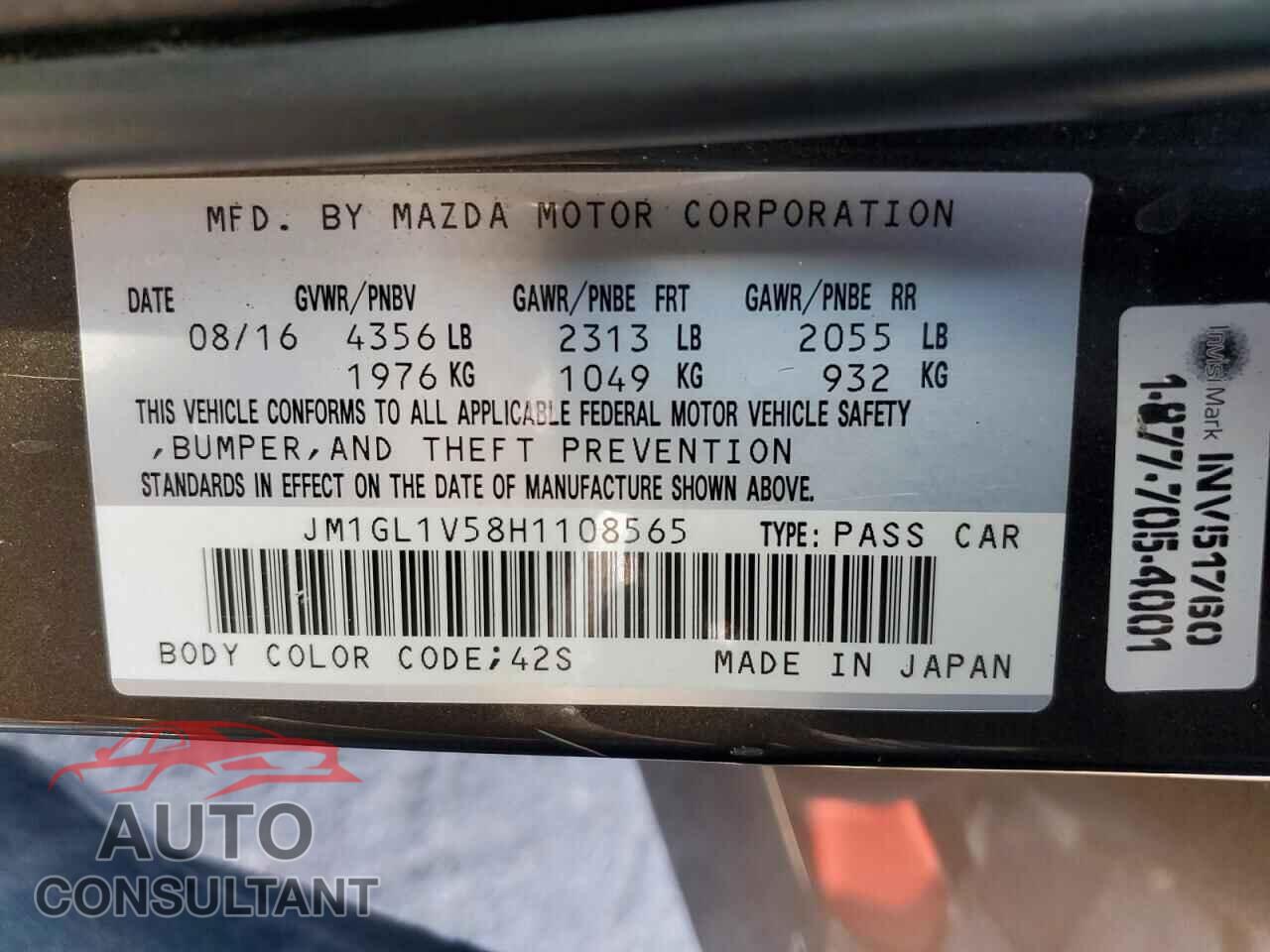 MAZDA 6 2017 - JM1GL1V58H1108565