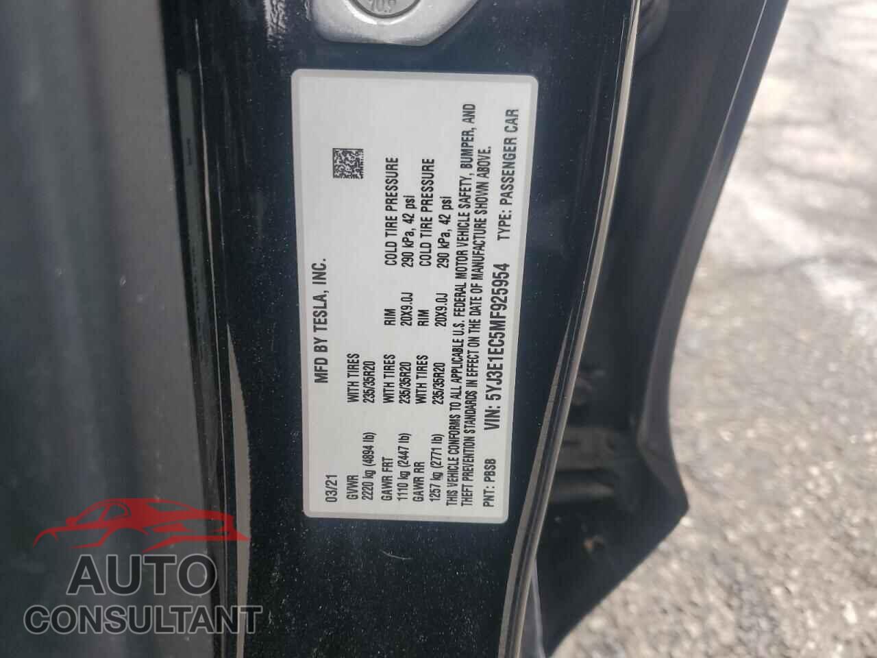 TESLA MODEL 3 2021 - 5YJ3E1EC5MF925954