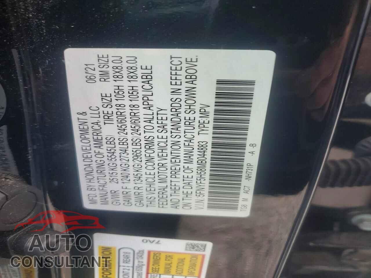 HONDA PILOT 2021 - 5FNYF5H58MB044883