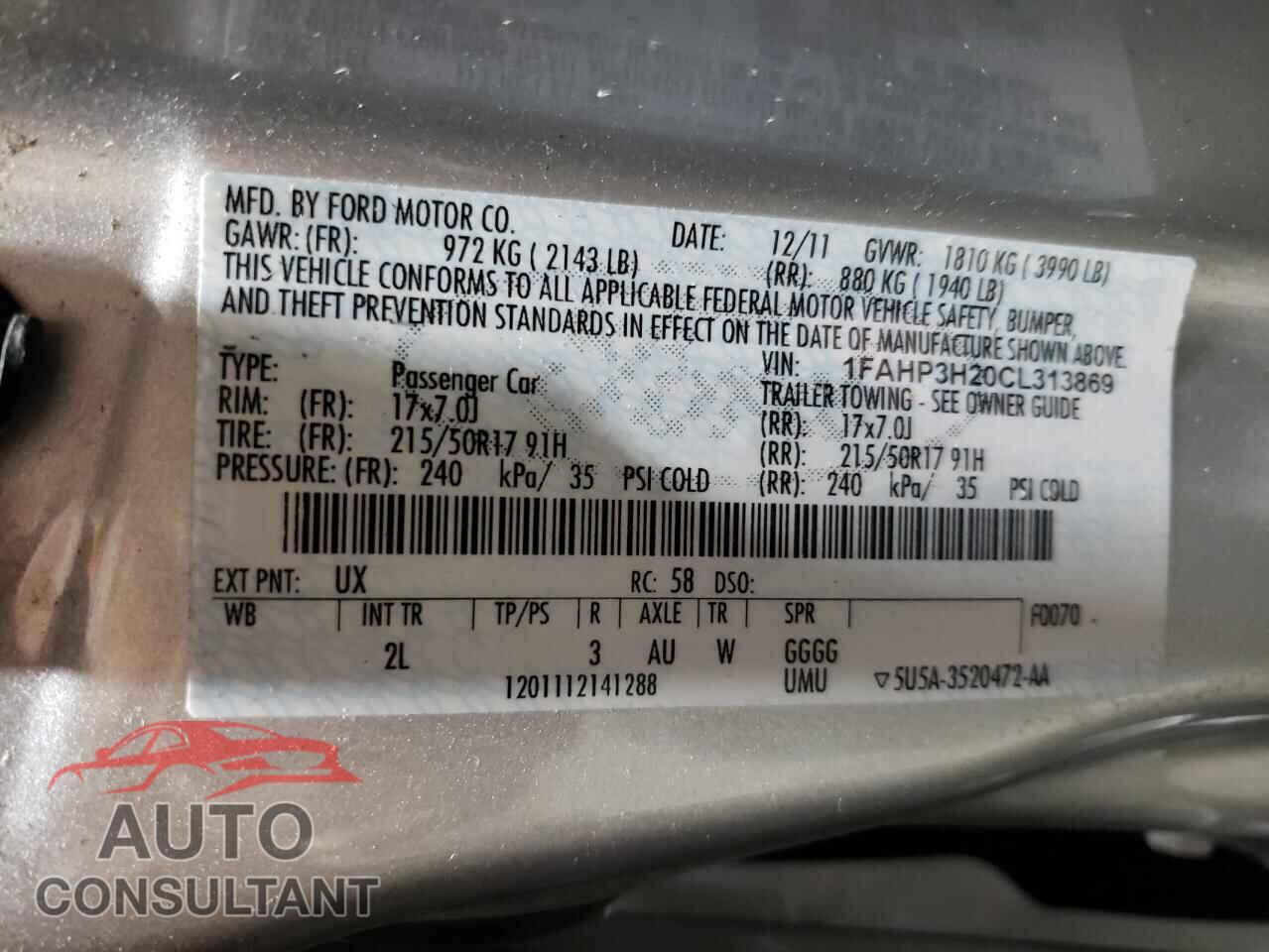 FORD FOCUS 2012 - 1FAHP3H20CL313869