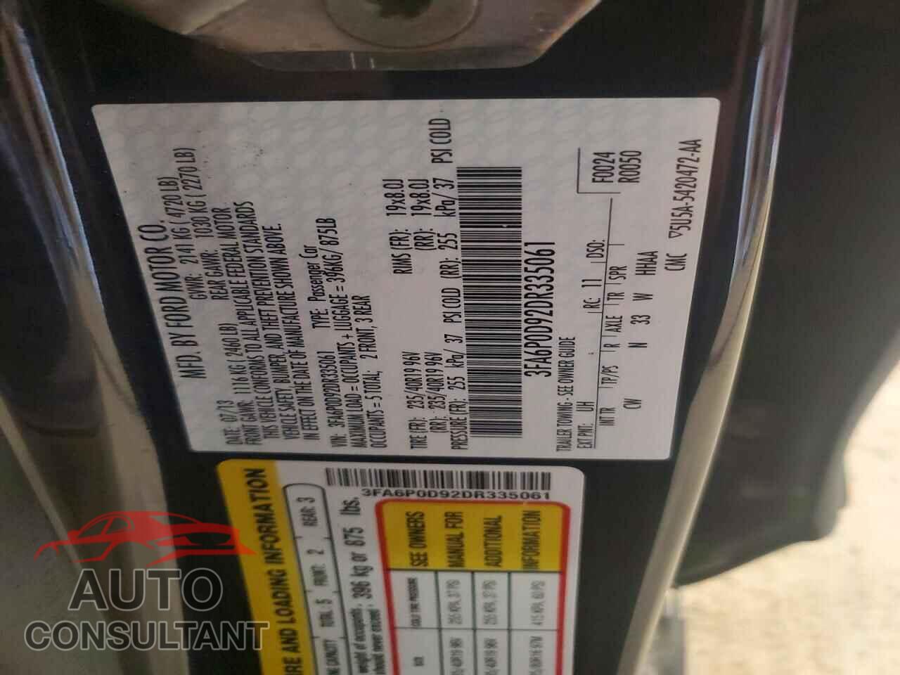 FORD FUSION 2013 - 3FA6P0D92DR335061