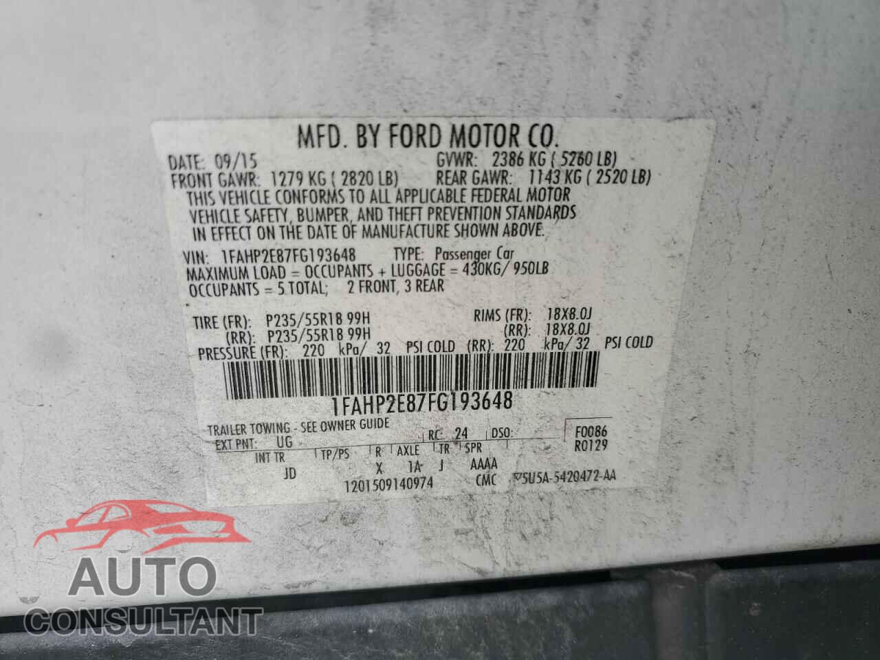 FORD TAURUS 2015 - 1FAHP2E87FG193648