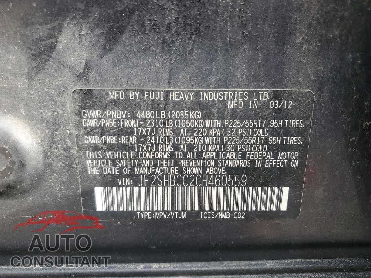 SUBARU FORESTER 2012 - JF2SHBCC2CH460559