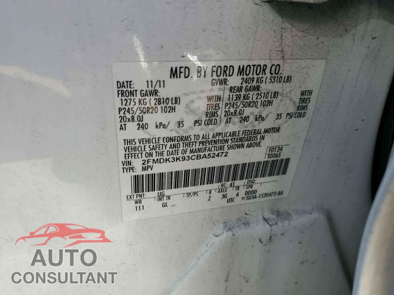 FORD EDGE 2012 - 2FMDK3K93CBA52472