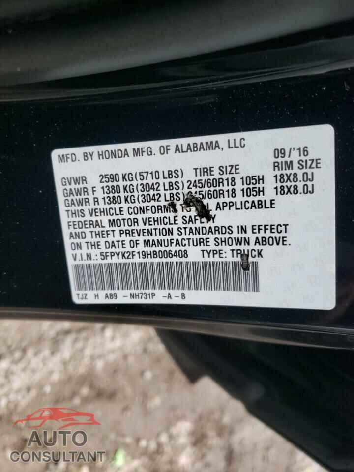 HONDA RIDGELINE 2017 - 5FPYK2F19HB006408
