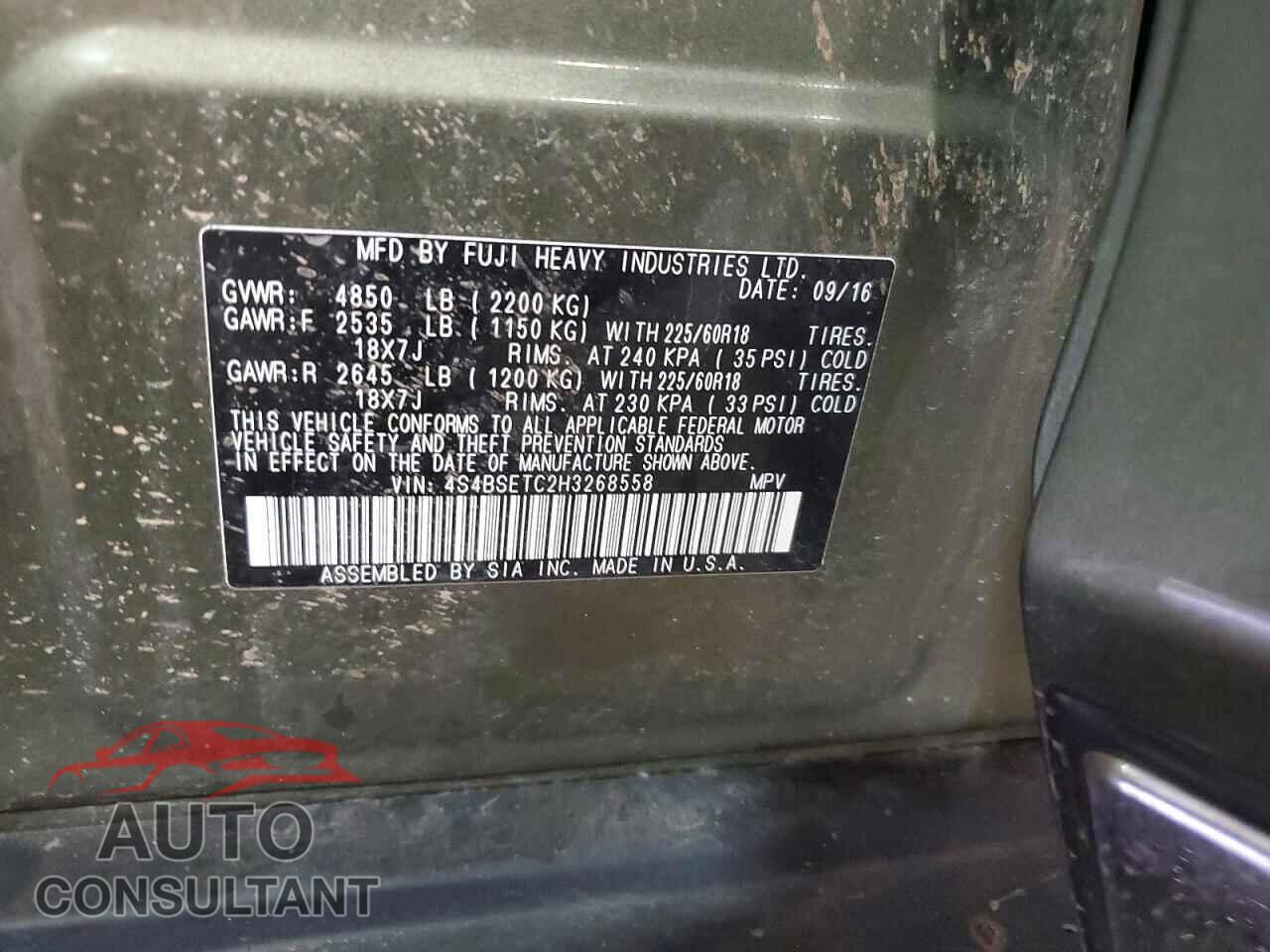 SUBARU OUTBACK 2017 - 4S4BSETC2H3268558