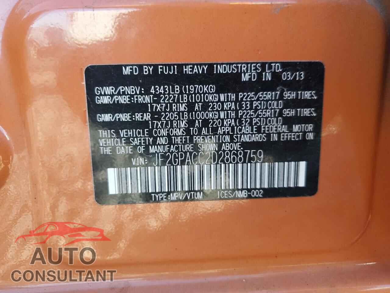 SUBARU XV 2013 - JF2GPACC2D2868759
