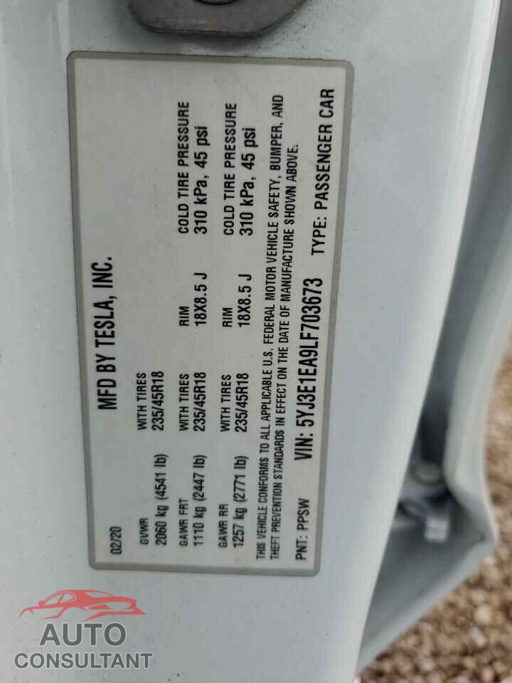TESLA MODEL 3 2020 - 5YJ3E1EA9LF703673
