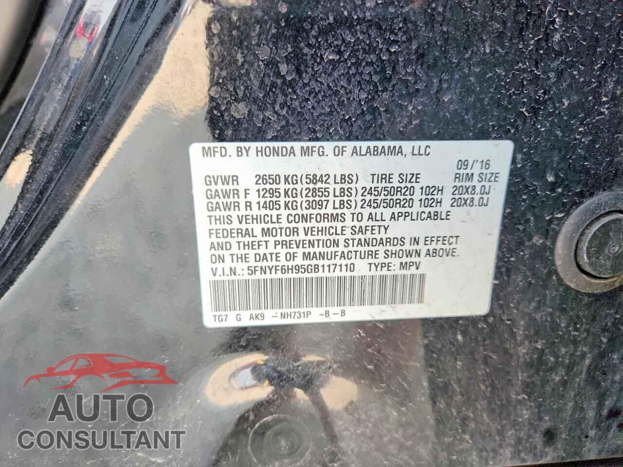 HONDA PILOT 2016 - 5FNYF6H95GB117110