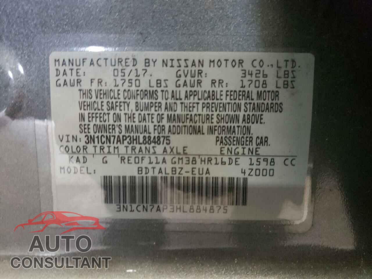 NISSAN VERSA 2017 - 3N1CN7AP3HL884875