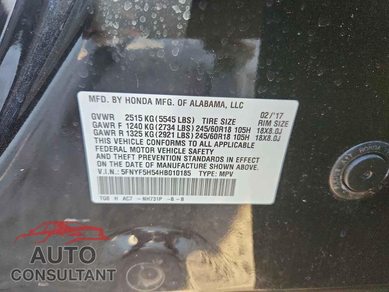 HONDA PILOT 2017 - 5FNYF5H54HB010185