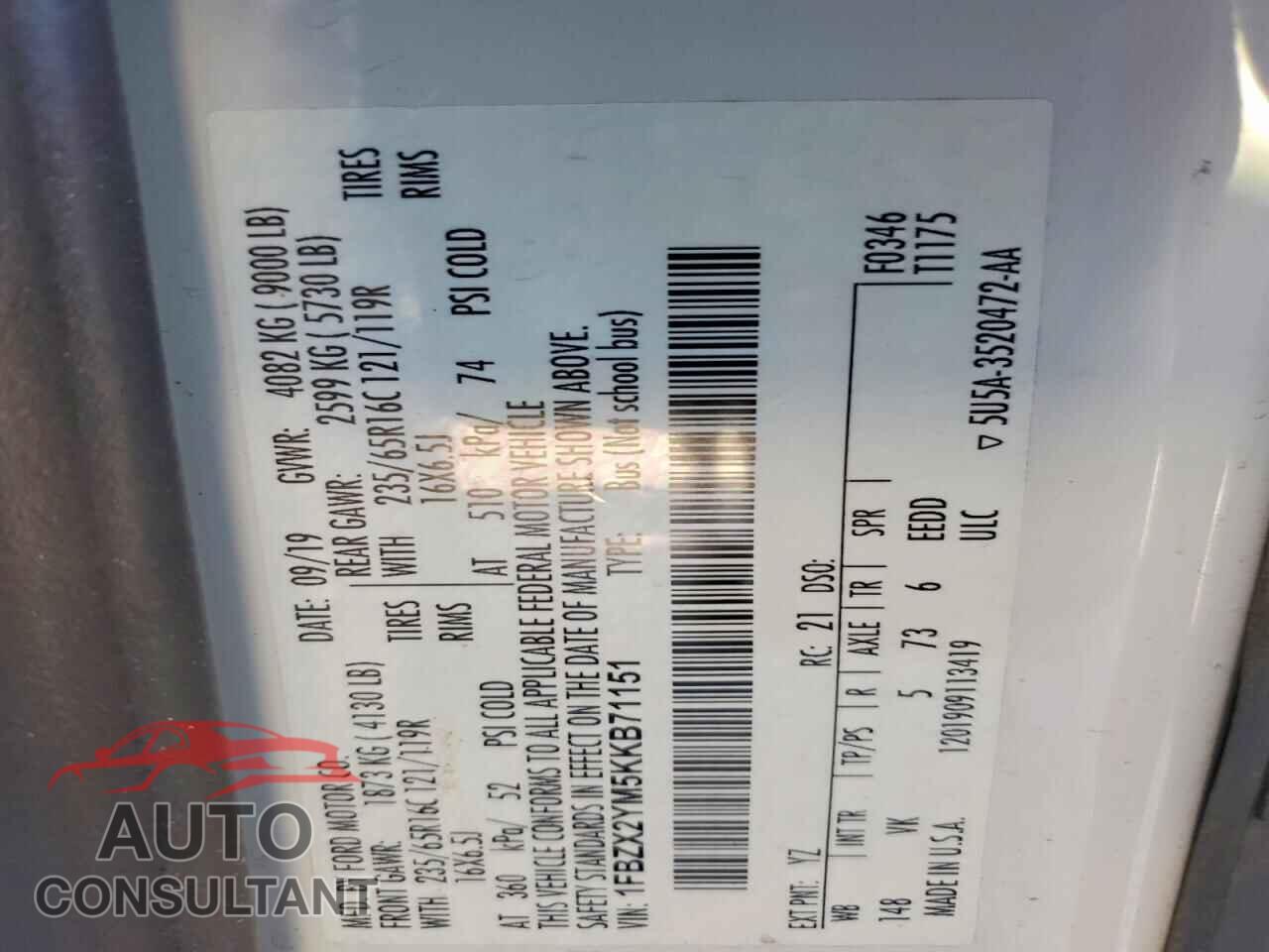 FORD TRANSIT 2019 - 1FBZX2YM5KKB71151