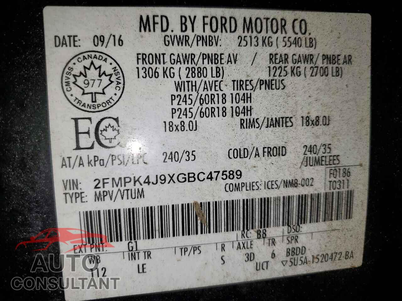 FORD EDGE 2016 - 2FMPK4J9XGBC47589