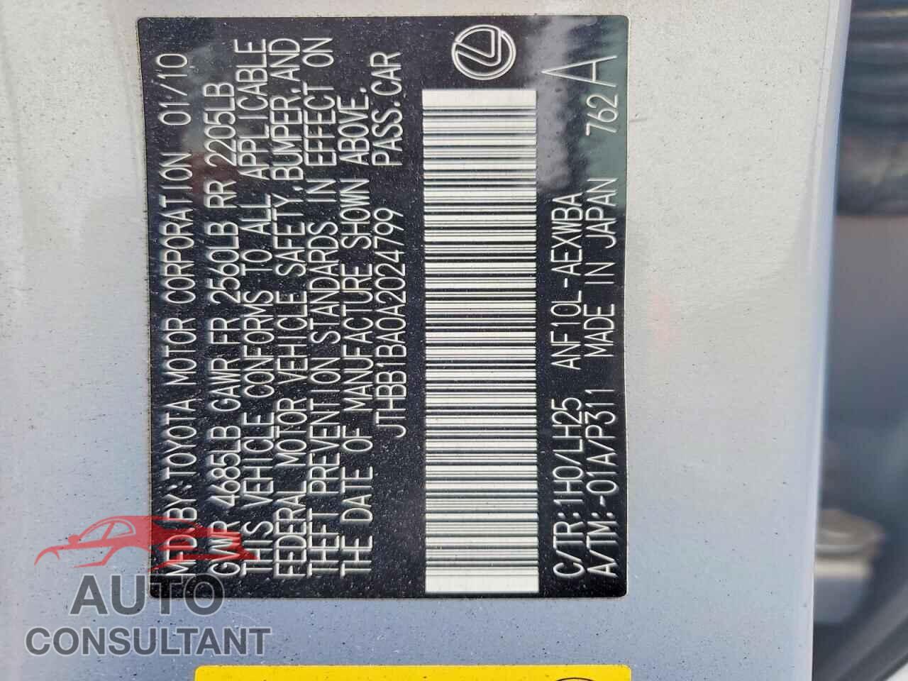 LEXUS HS 2010 - JTHBB1BA0A2024799