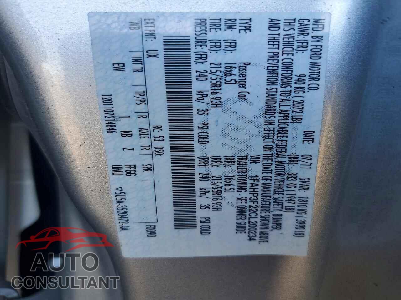FORD FOCUS 2012 - 1FAHP3F22CL200234