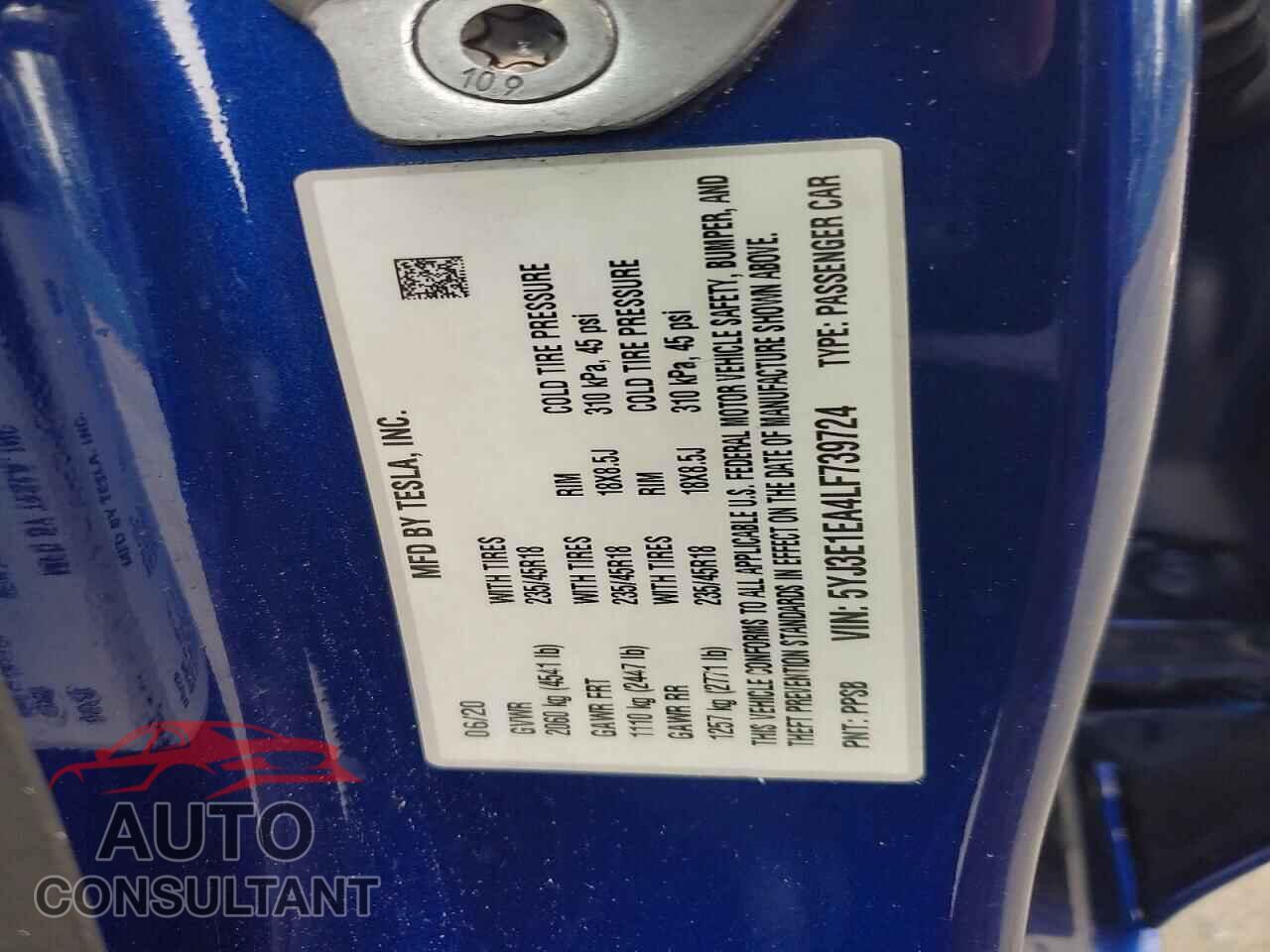 TESLA MODEL 3 2020 - 5YJ3E1EA4LF739724