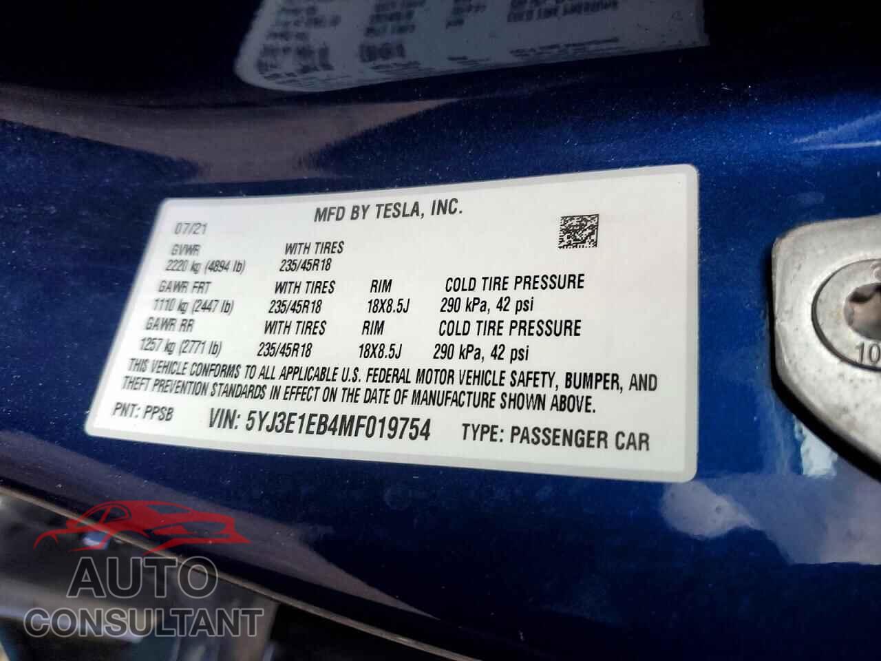 TESLA MODEL 3 2021 - 5YJ3E1EB4MF019754