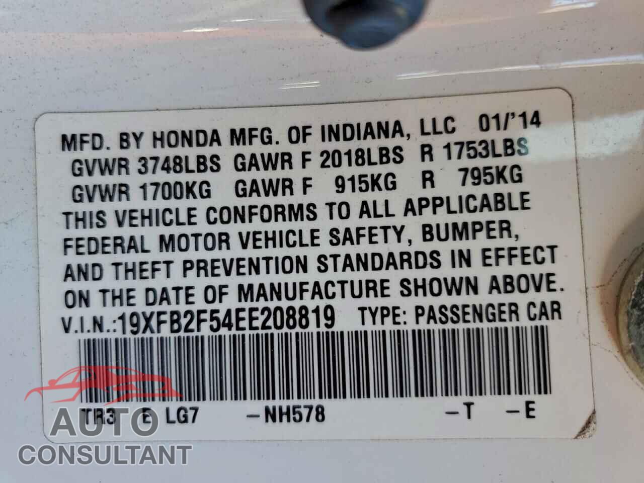 HONDA CIVIC 2014 - 19XFB2F54EE208819