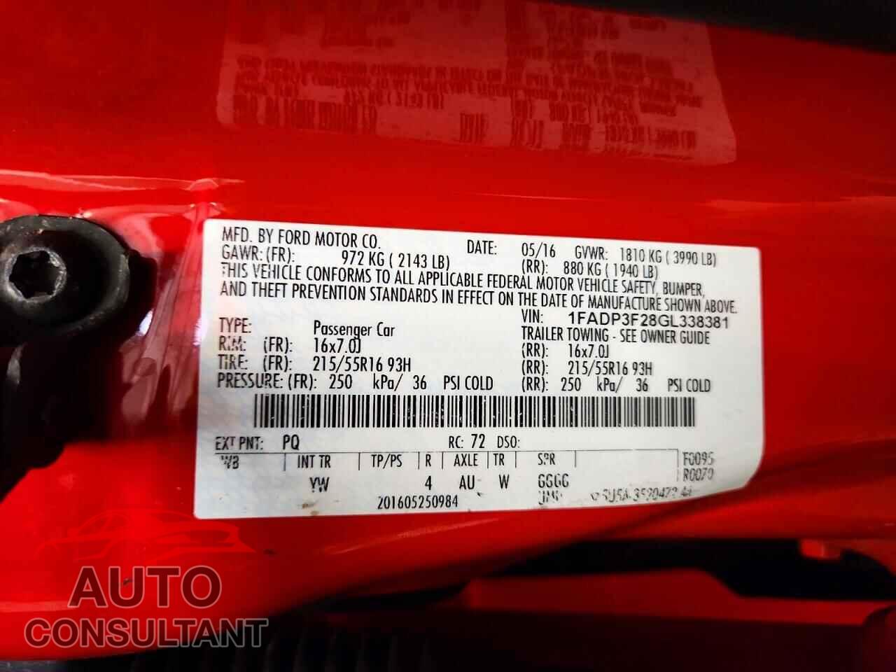 FORD FOCUS 2016 - 1FADP3F28GL338381