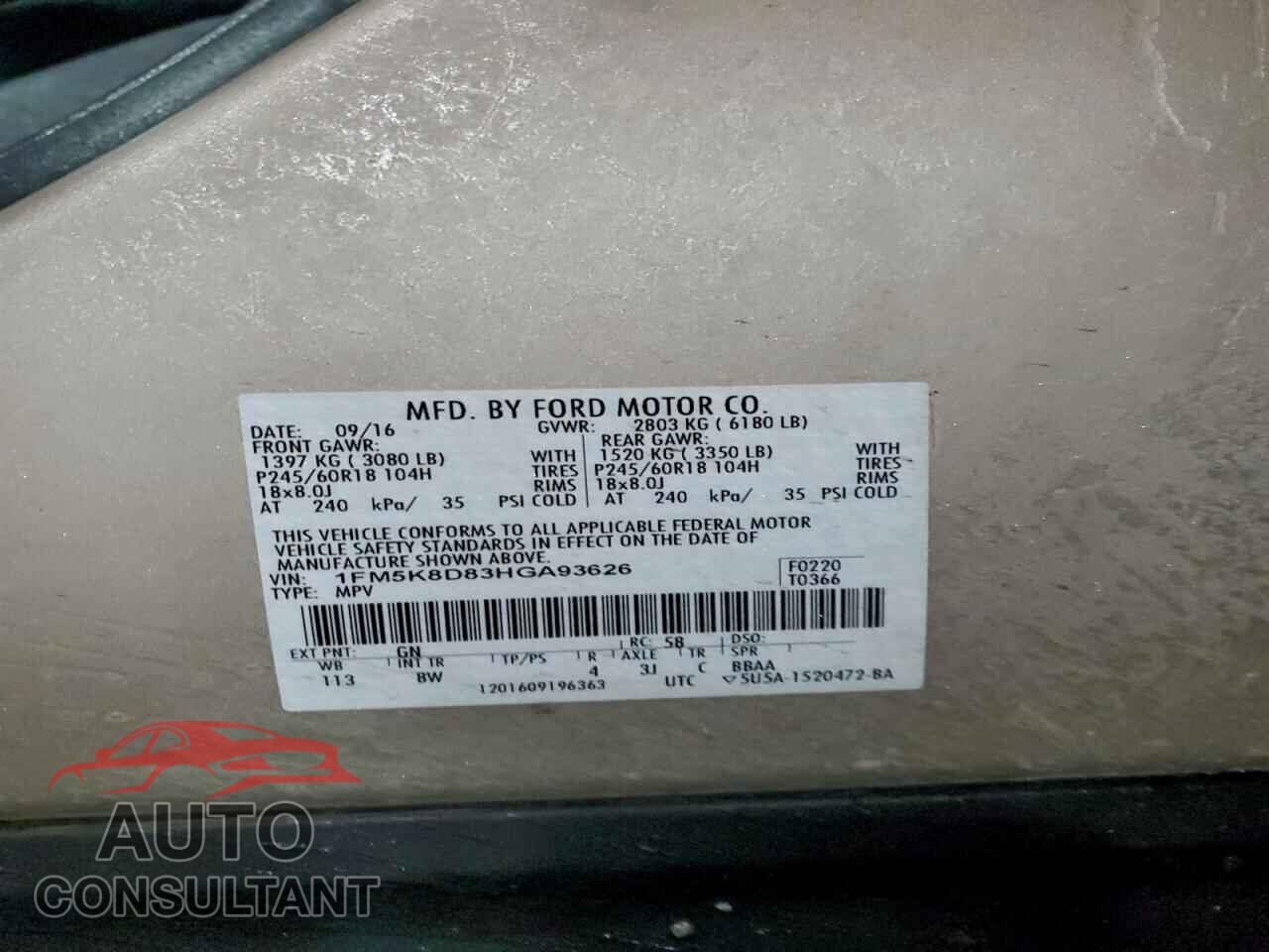 FORD EXPLORER 2017 - 1FM5K8D83HGA93626