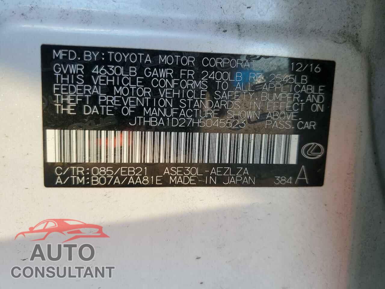 LEXUS IS 2017 - JTHBA1D27H5045523